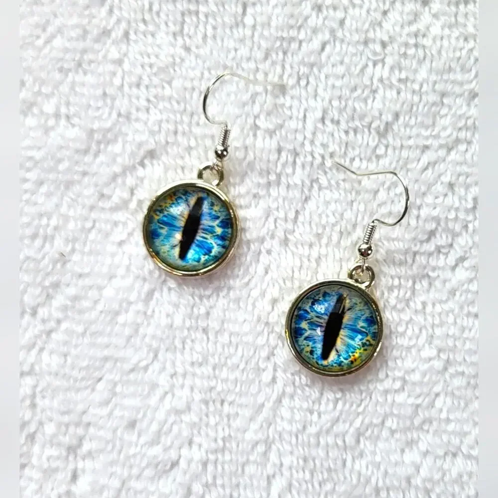 Mystic Blue Cat Eye Dangle Earrings – Handmade Fantasy Jewelry